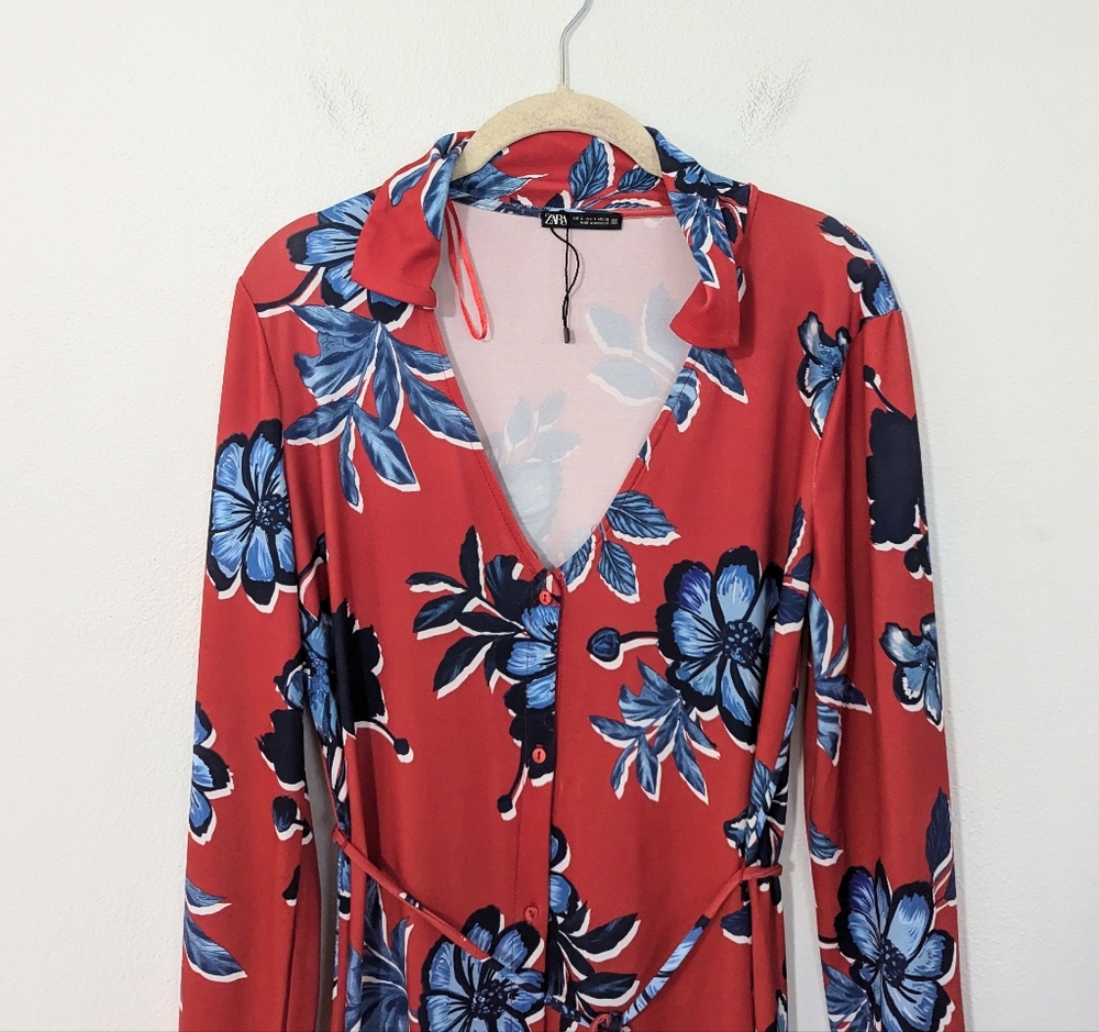 Zara Floral Print Button Front Long Sleeve Collared Midi Shirt Dress Red Small S - Picture 3 of 10